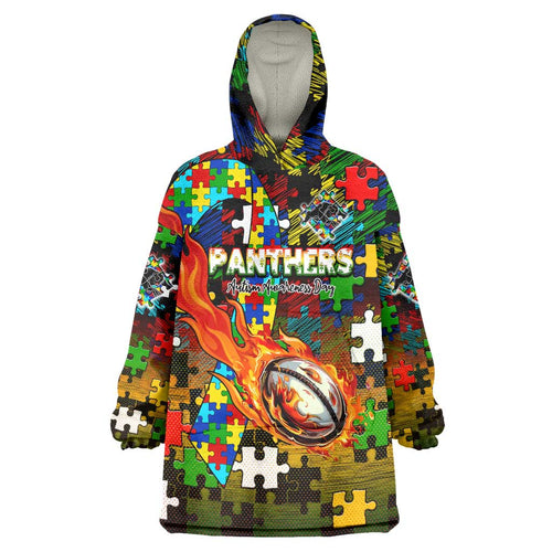 Panthers Autism Awareness Wearable Blanket Hoodie Puzzle Flames Rugby Ball