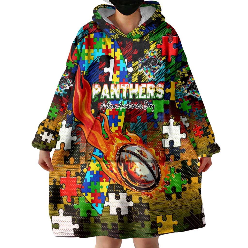 Panthers Autism Awareness Wearable Blanket Hoodie Puzzle Flames Rugby Ball