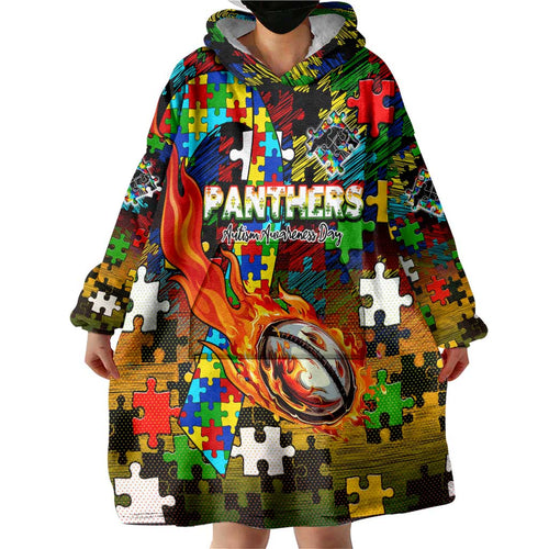 Panthers Autism Awareness Wearable Blanket Hoodie Puzzle Flames Rugby Ball