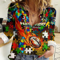 Panthers Autism Awareness Women Casual Shirt Puzzle Flames Rugby Ball