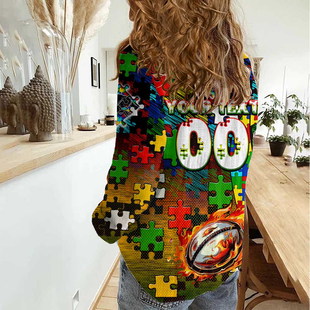Panthers Autism Awareness Women Casual Shirt Puzzle Flames Rugby Ball