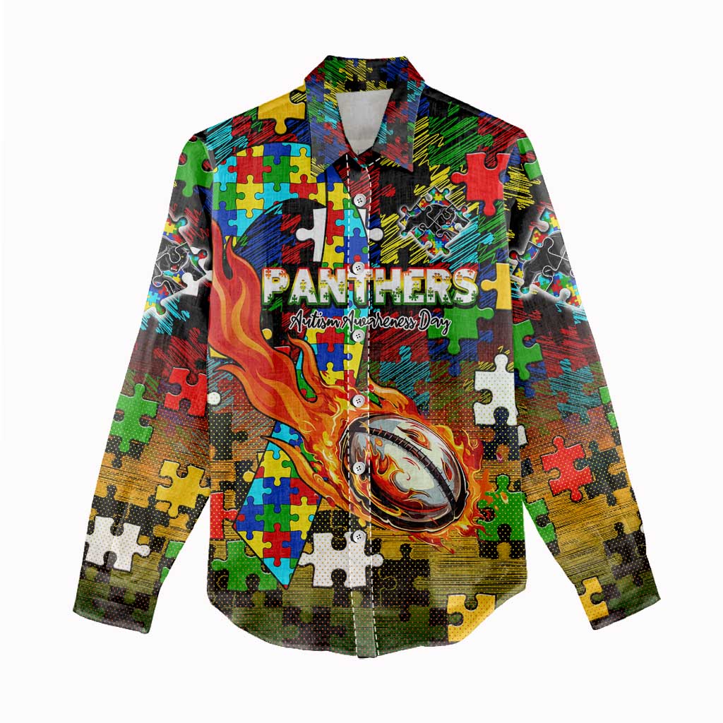 Panthers Autism Awareness Women Casual Shirt Puzzle Flames Rugby Ball