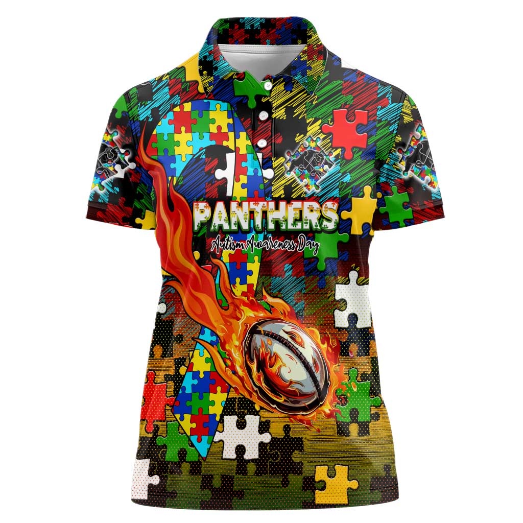 Panthers Autism Awareness Women Polo Shirt Puzzle Flames Rugby Ball