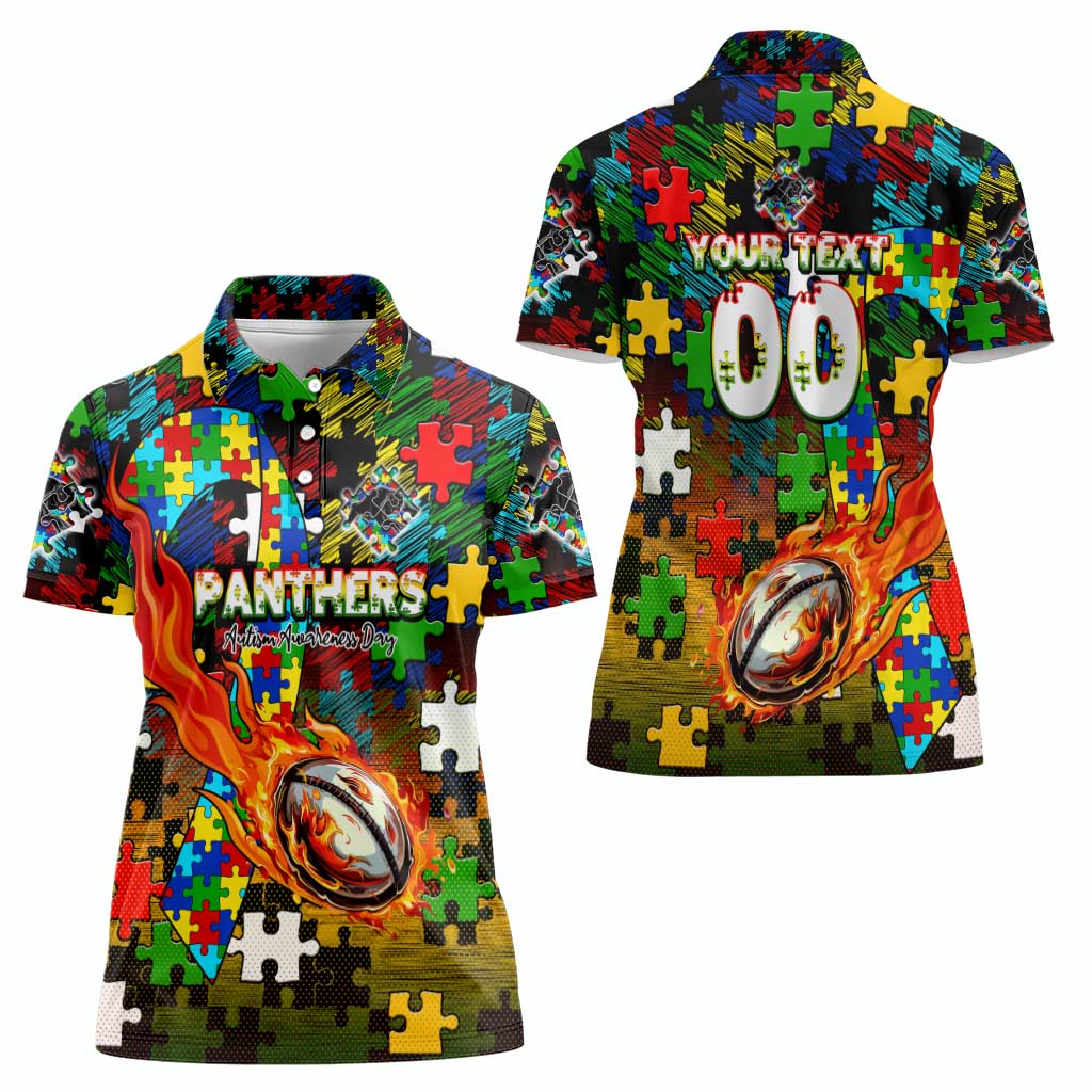 Panthers Autism Awareness Women Polo Shirt Puzzle Flames Rugby Ball