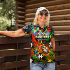 Panthers Autism Awareness Women Polo Shirt Puzzle Flames Rugby Ball