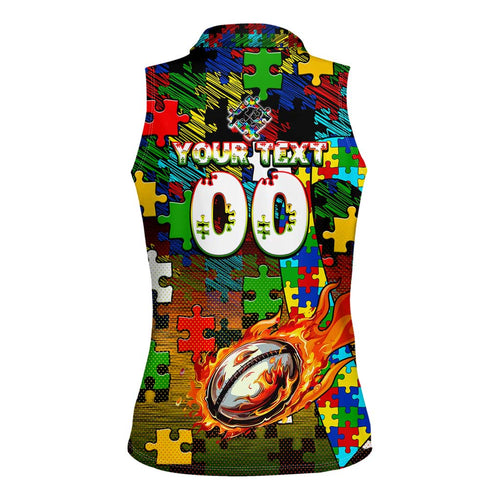 Panthers Autism Awareness Women Sleeveless Polo Shirt Puzzle Flames Rugby Ball