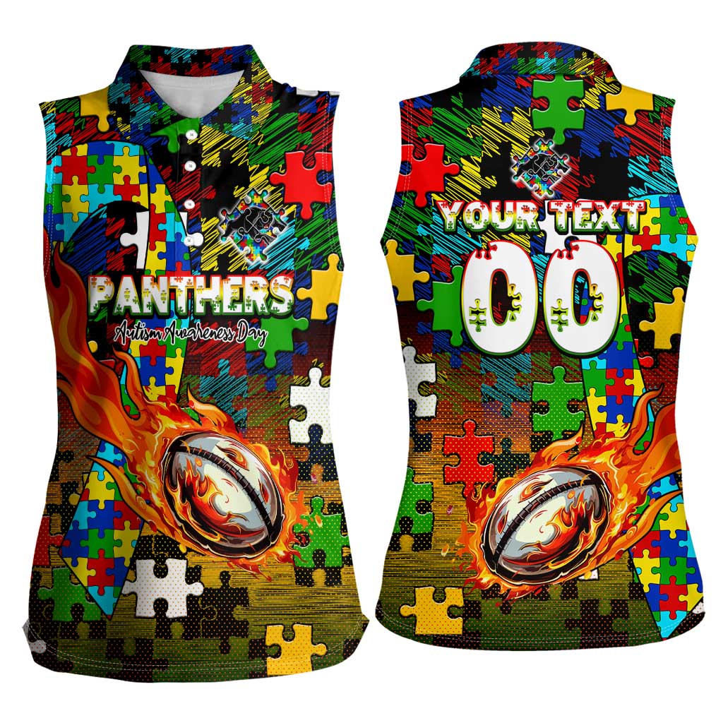 Panthers Autism Awareness Women Sleeveless Polo Shirt Puzzle Flames Rugby Ball