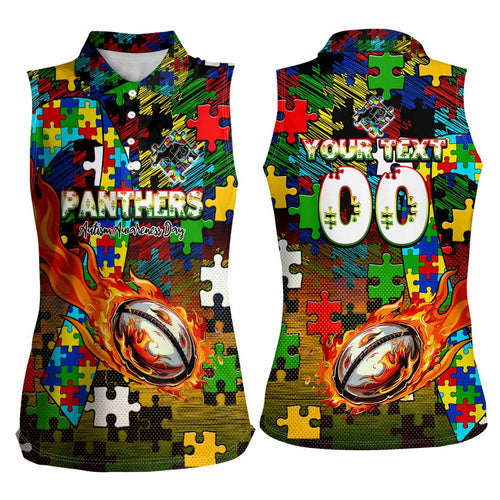 Panthers Autism Awareness Women Sleeveless Polo Shirt Puzzle Flames Rugby Ball