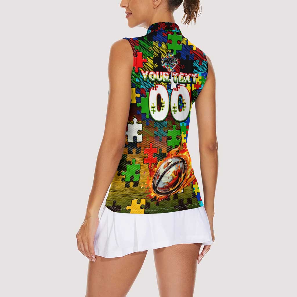 Panthers Autism Awareness Women Sleeveless Polo Shirt Puzzle Flames Rugby Ball