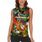 Panthers Autism Awareness Women Sleeveless Polo Shirt Puzzle Flames Rugby Ball