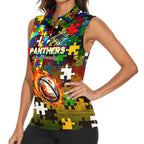 Panthers Autism Awareness Women Sleeveless Polo Shirt Puzzle Flames Rugby Ball