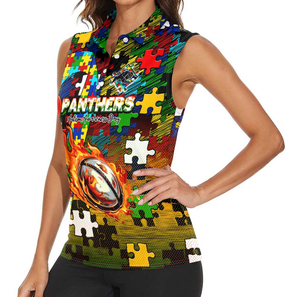 Panthers Autism Awareness Women Sleeveless Polo Shirt Puzzle Flames Rugby Ball