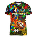 Panthers Autism Awareness Women V-Neck T-Shirt Puzzle Flames Rugby Ball