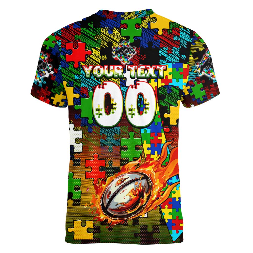 Panthers Autism Awareness Women V-Neck T-Shirt Puzzle Flames Rugby Ball