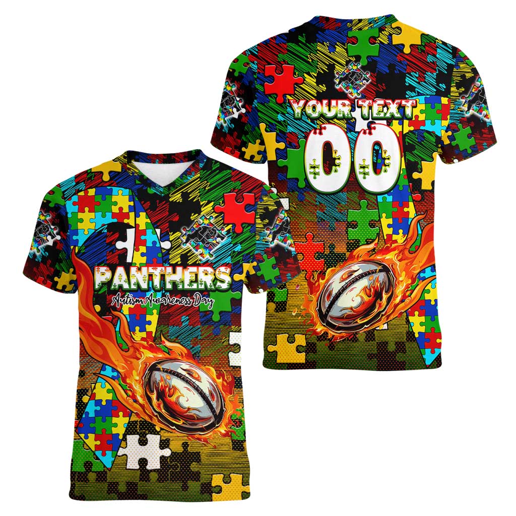Panthers Autism Awareness Women V-Neck T-Shirt Puzzle Flames Rugby Ball