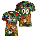 Panthers Autism Awareness Women V-Neck T-Shirt Puzzle Flames Rugby Ball
