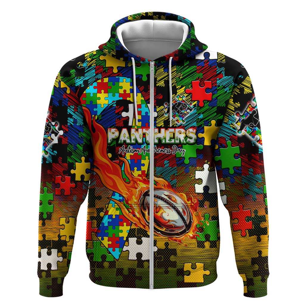 Panthers Autism Awareness Zip Hoodie Puzzle Flames Rugby Ball