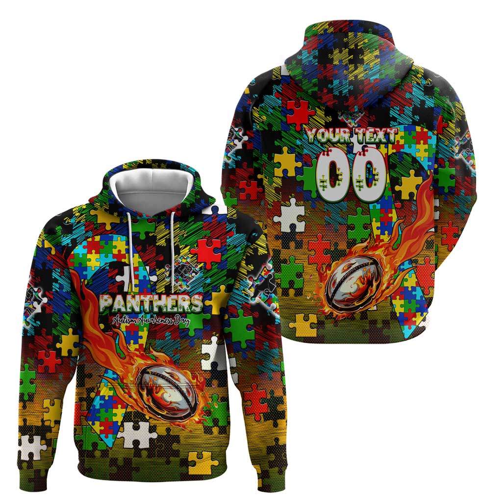 Panthers Autism Awareness Zip Hoodie Puzzle Flames Rugby Ball