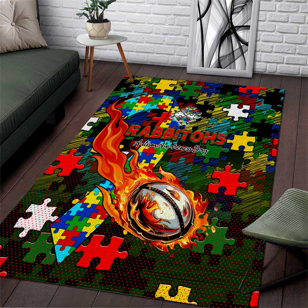Rabbitohs Autism Awareness Area Rug Puzzle Flames Rugby Ball