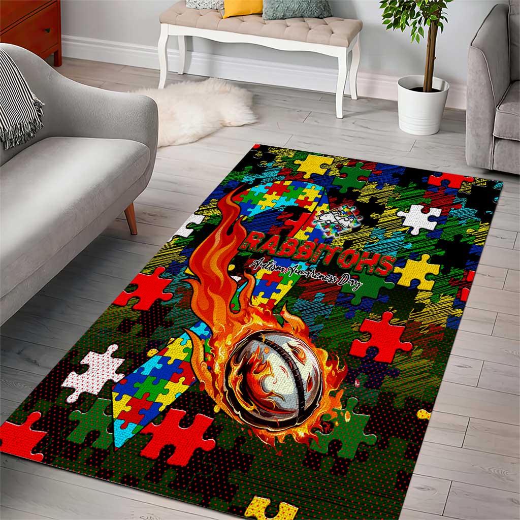 Rabbitohs Autism Awareness Area Rug Puzzle Flames Rugby Ball