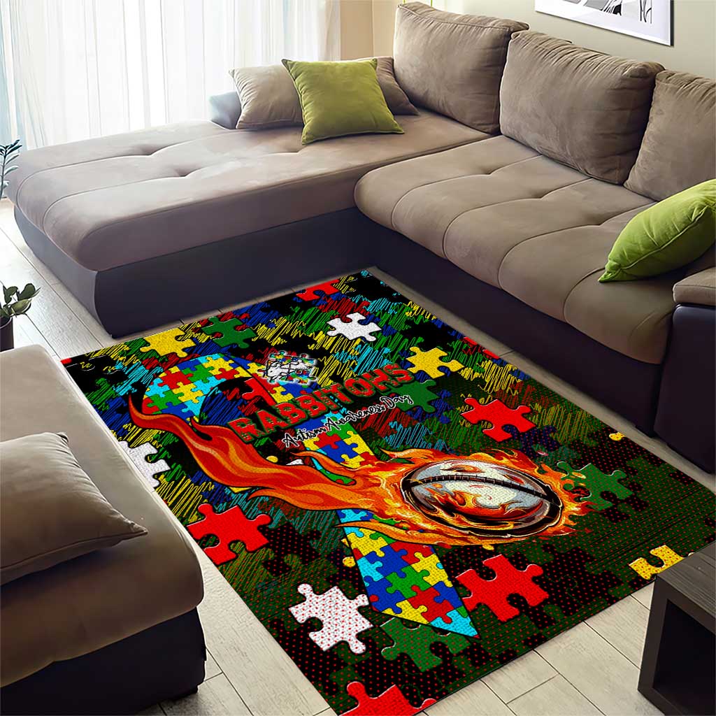 Rabbitohs Autism Awareness Area Rug Puzzle Flames Rugby Ball