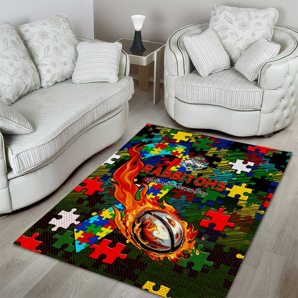 Rabbitohs Autism Awareness Area Rug Puzzle Flames Rugby Ball