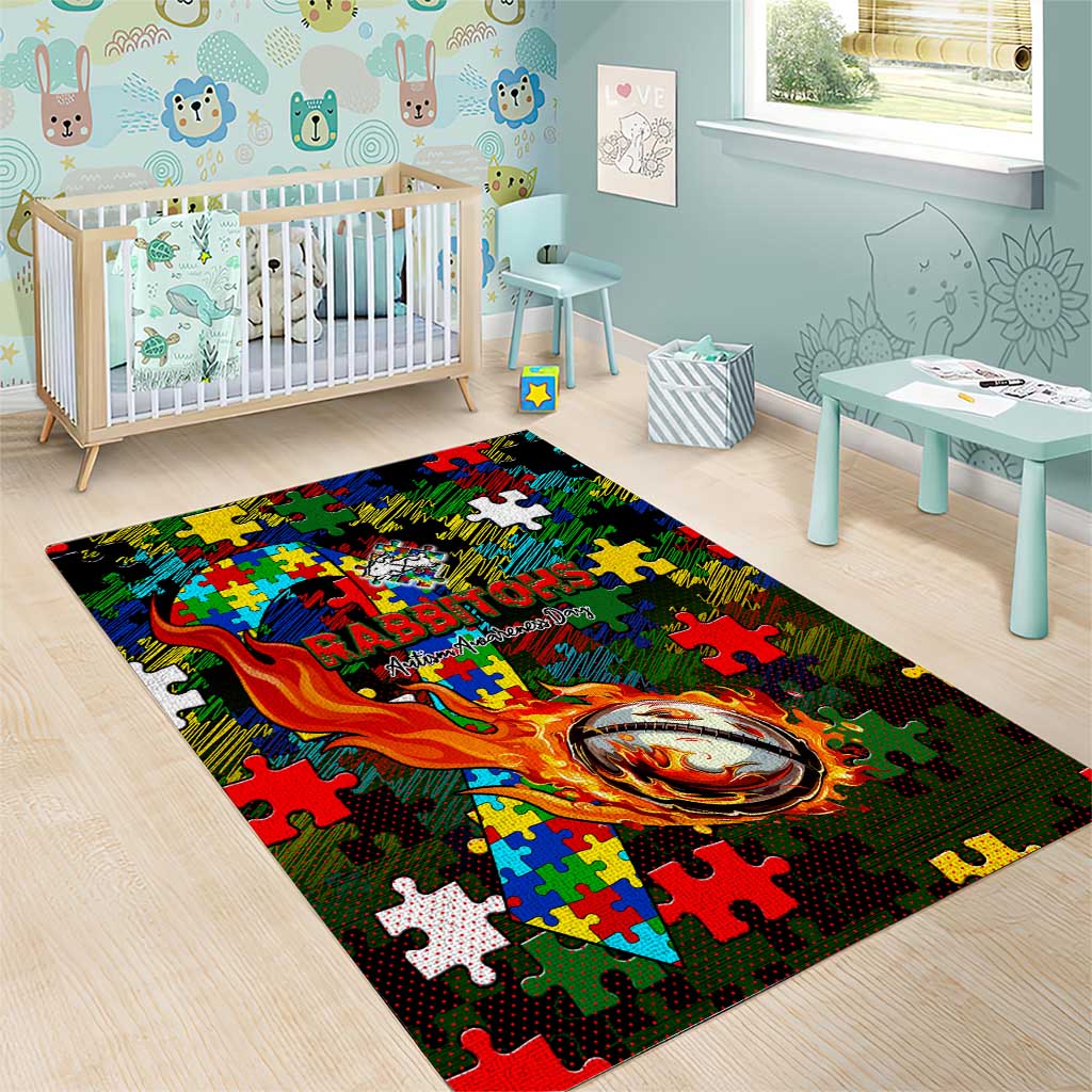 Rabbitohs Autism Awareness Area Rug Puzzle Flames Rugby Ball