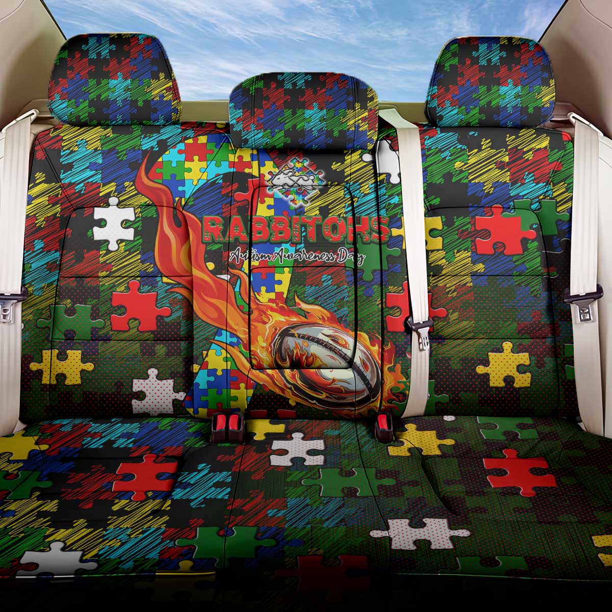 Rabbitohs Autism Awareness Back Car Seat Cover Puzzle Flames Rugby Ball