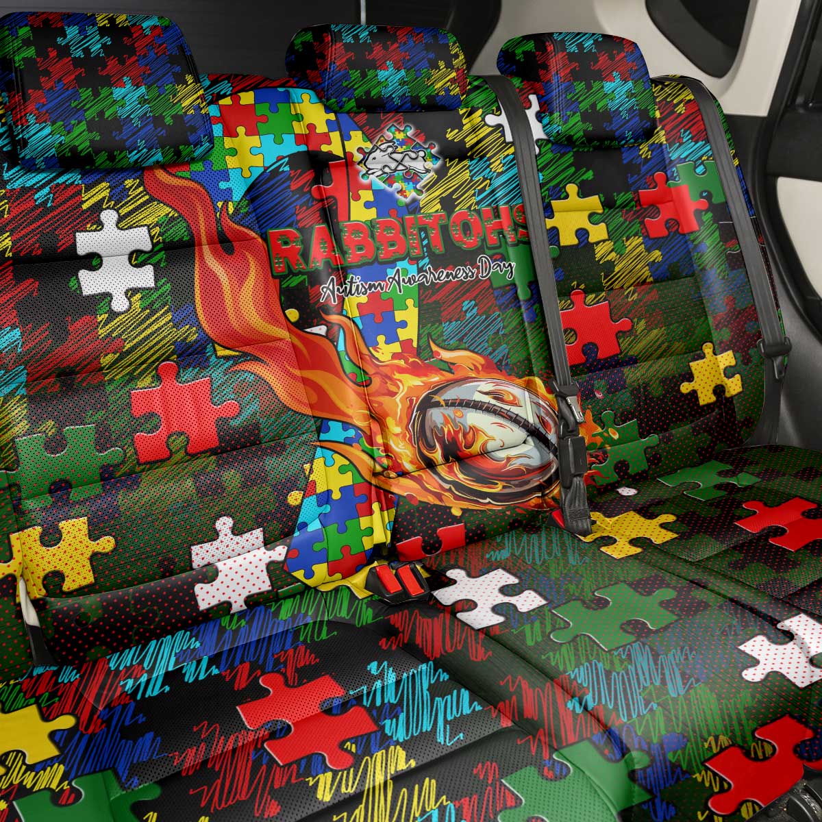 Rabbitohs Autism Awareness Back Car Seat Cover Puzzle Flames Rugby Ball
