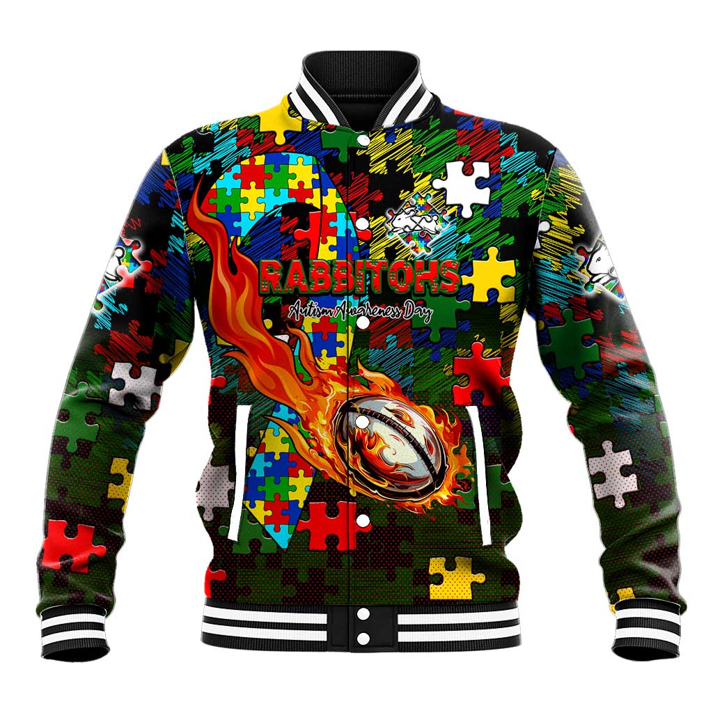 Rabbitohs Autism Awareness Baseball Jacket Puzzle Flames Rugby Ball