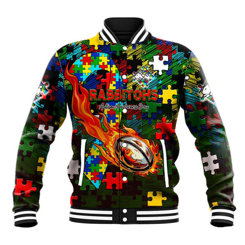Rabbitohs Autism Awareness Baseball Jacket Puzzle Flames Rugby Ball