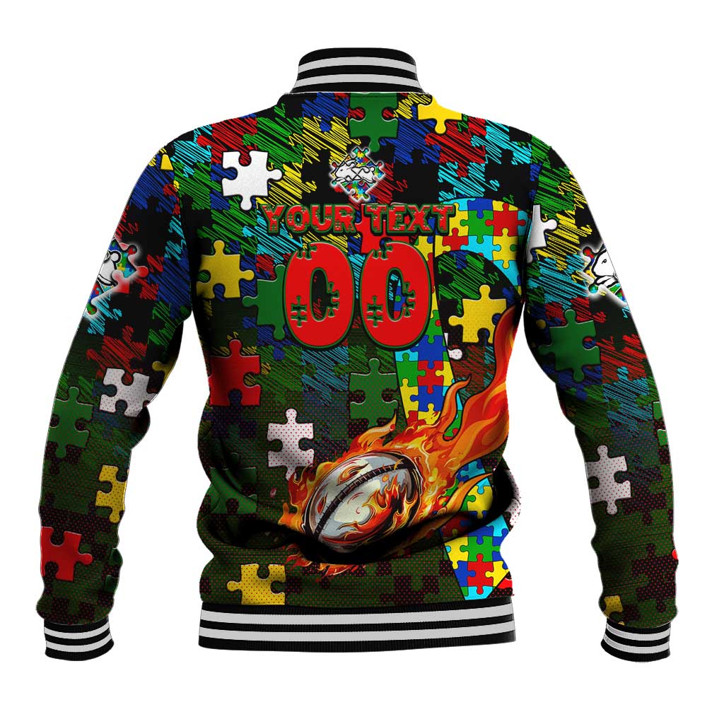 Rabbitohs Autism Awareness Baseball Jacket Puzzle Flames Rugby Ball