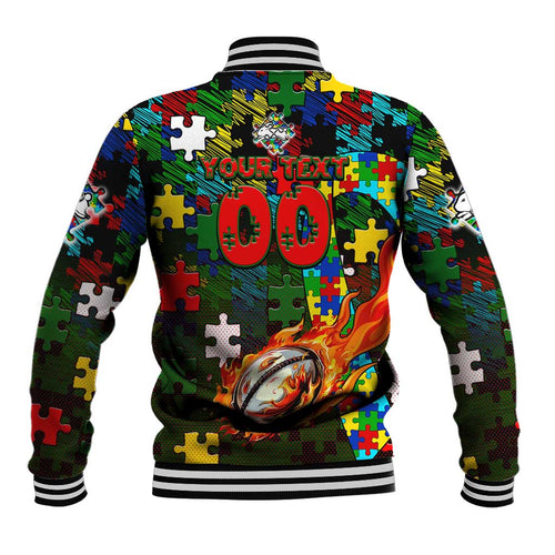 Rabbitohs Autism Awareness Baseball Jacket Puzzle Flames Rugby Ball