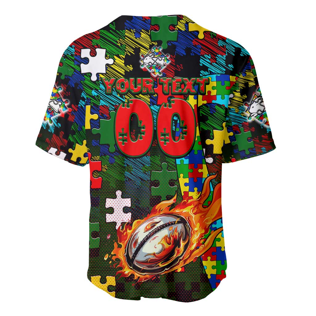 Rabbitohs Autism Awareness Baseball Jersey Puzzle Flames Rugby Ball