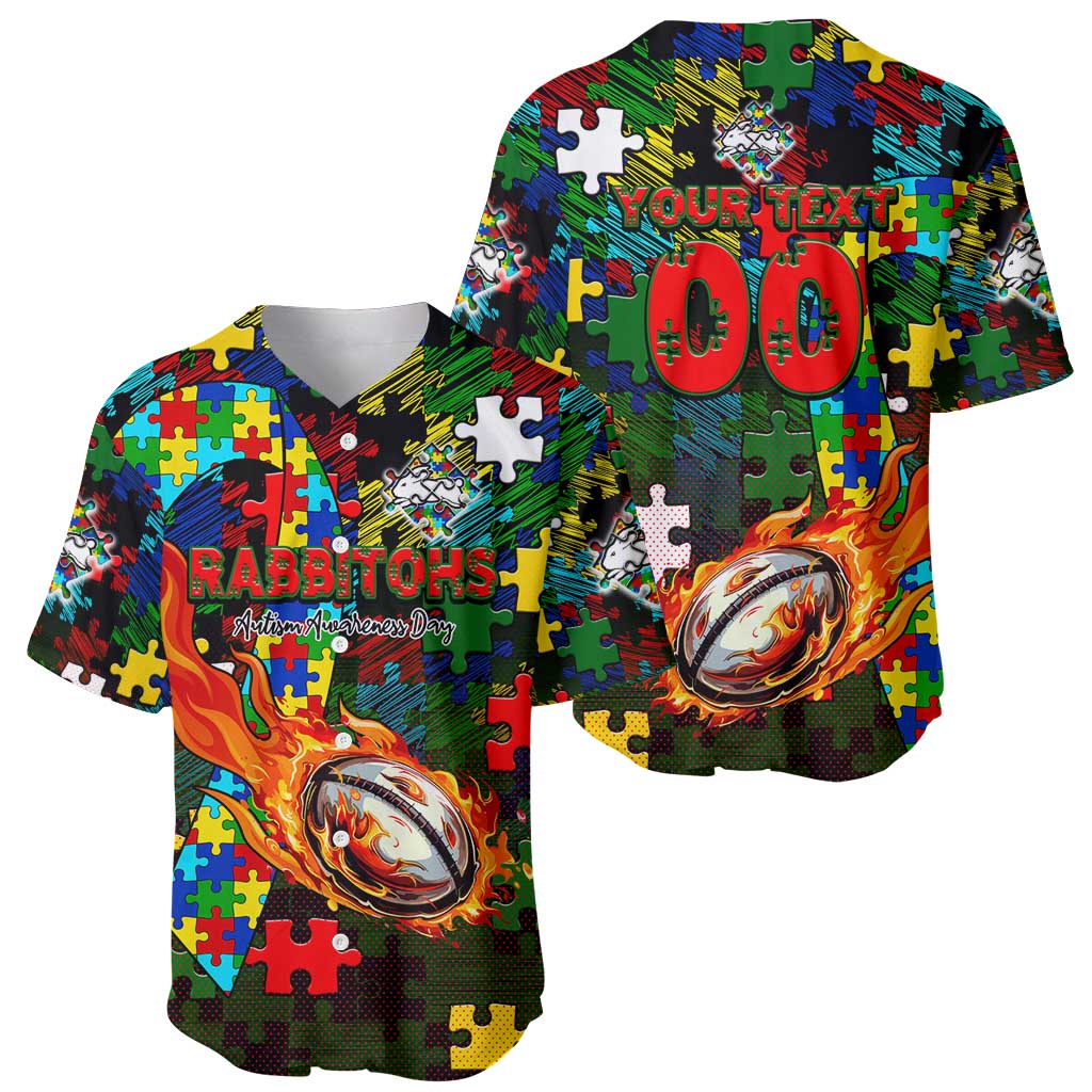 Rabbitohs Autism Awareness Baseball Jersey Puzzle Flames Rugby Ball