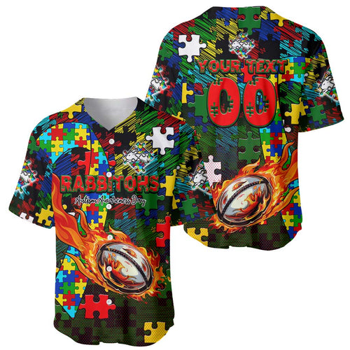 Rabbitohs Autism Awareness Baseball Jersey Puzzle Flames Rugby Ball