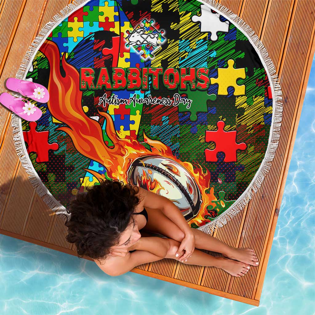 Rabbitohs Autism Awareness Beach Blanket Puzzle Flames Rugby Ball