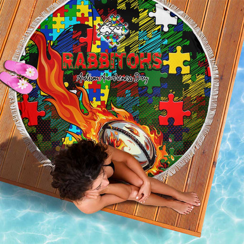 Rabbitohs Autism Awareness Beach Blanket Puzzle Flames Rugby Ball