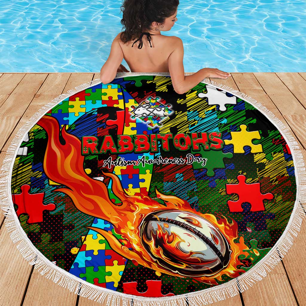 Rabbitohs Autism Awareness Beach Blanket Puzzle Flames Rugby Ball