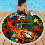 Rabbitohs Autism Awareness Beach Blanket Puzzle Flames Rugby Ball