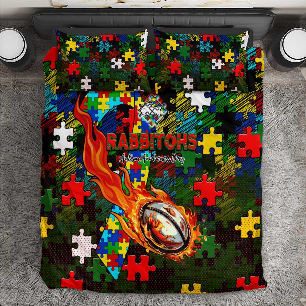 Rabbitohs Autism Awareness Bedding Set Puzzle Flames Rugby Ball