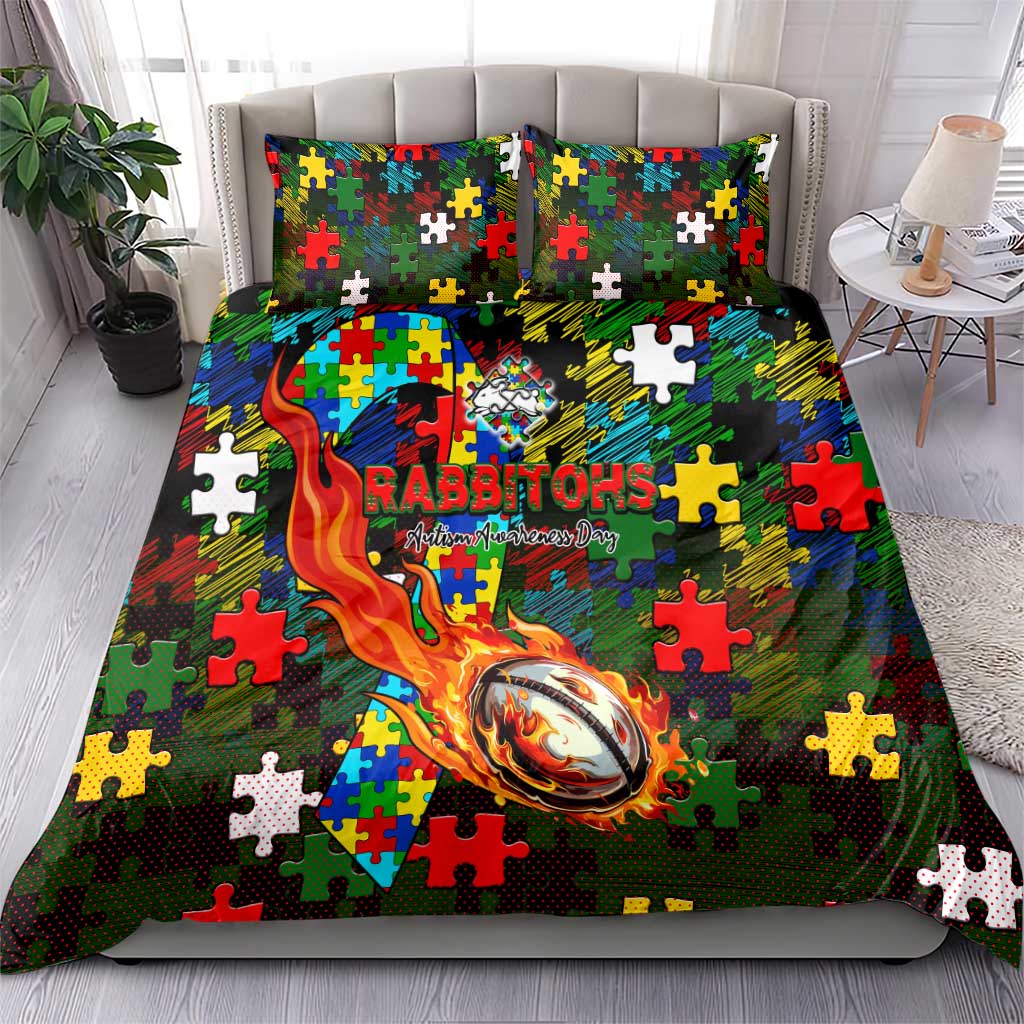 Rabbitohs Autism Awareness Bedding Set Puzzle Flames Rugby Ball