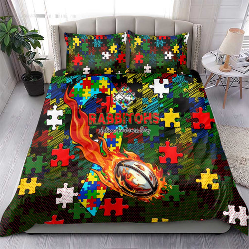 Rabbitohs Autism Awareness Bedding Set Puzzle Flames Rugby Ball