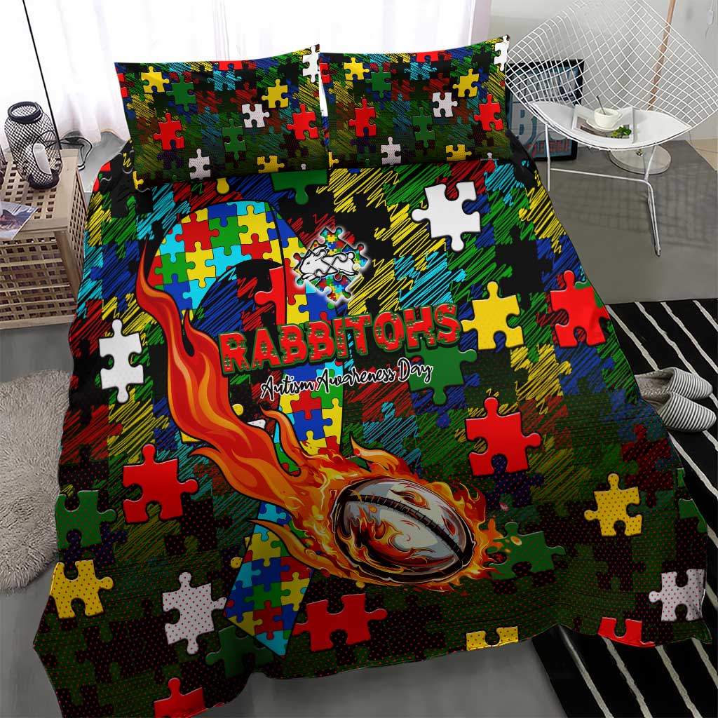 Rabbitohs Autism Awareness Bedding Set Puzzle Flames Rugby Ball