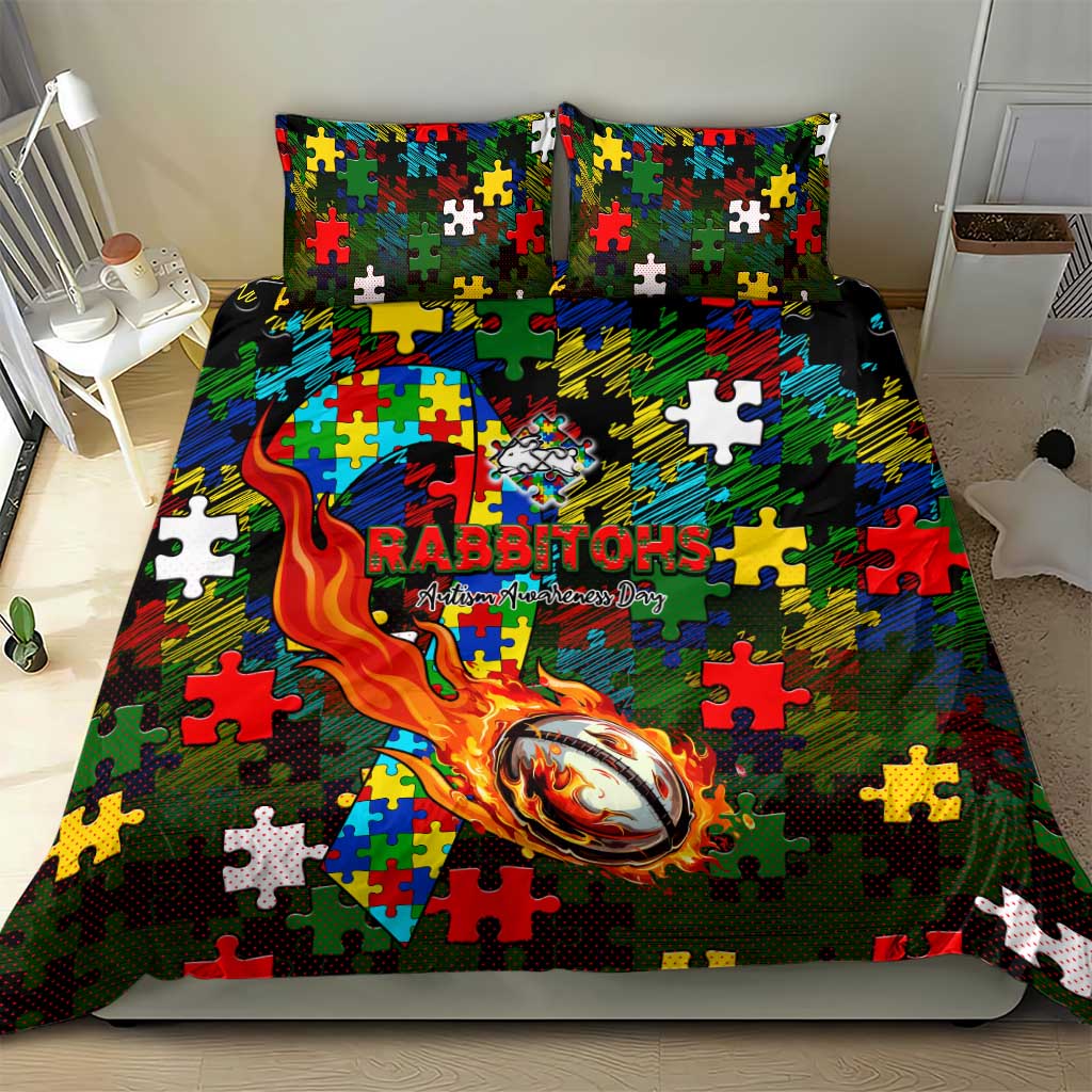 Rabbitohs Autism Awareness Bedding Set Puzzle Flames Rugby Ball