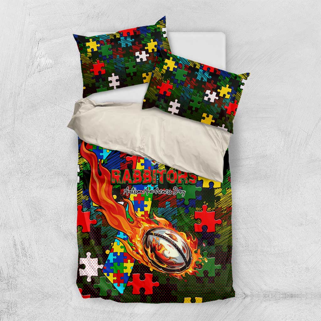 Rabbitohs Autism Awareness Bedding Set Puzzle Flames Rugby Ball
