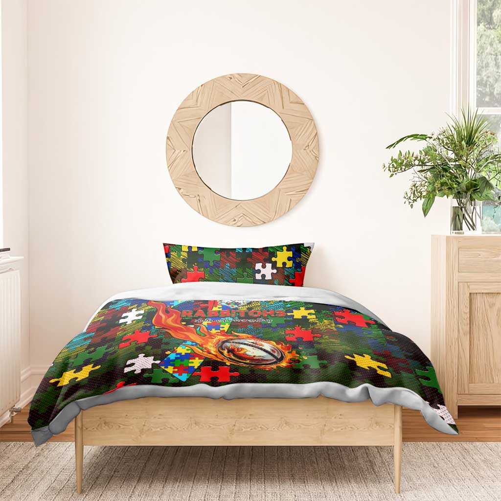 Rabbitohs Autism Awareness Bedding Set Puzzle Flames Rugby Ball
