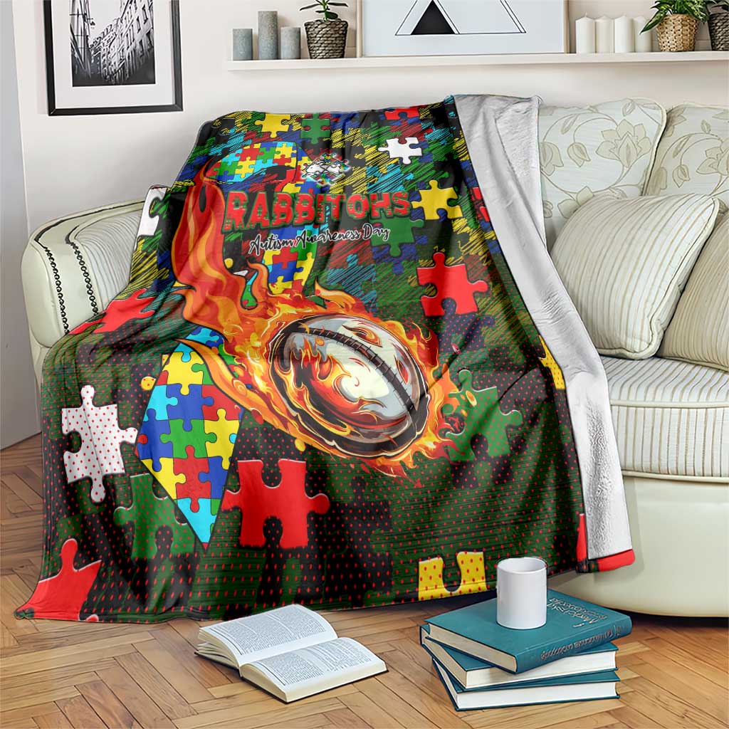 Rabbitohs Autism Awareness Blanket Puzzle Flames Rugby Ball
