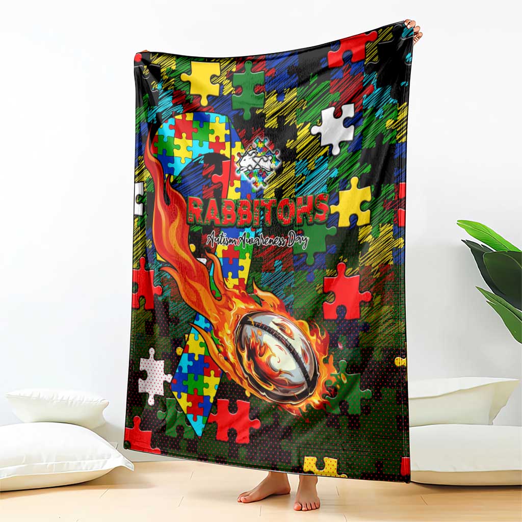 Rabbitohs Autism Awareness Blanket Puzzle Flames Rugby Ball