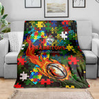 Rabbitohs Autism Awareness Blanket Puzzle Flames Rugby Ball